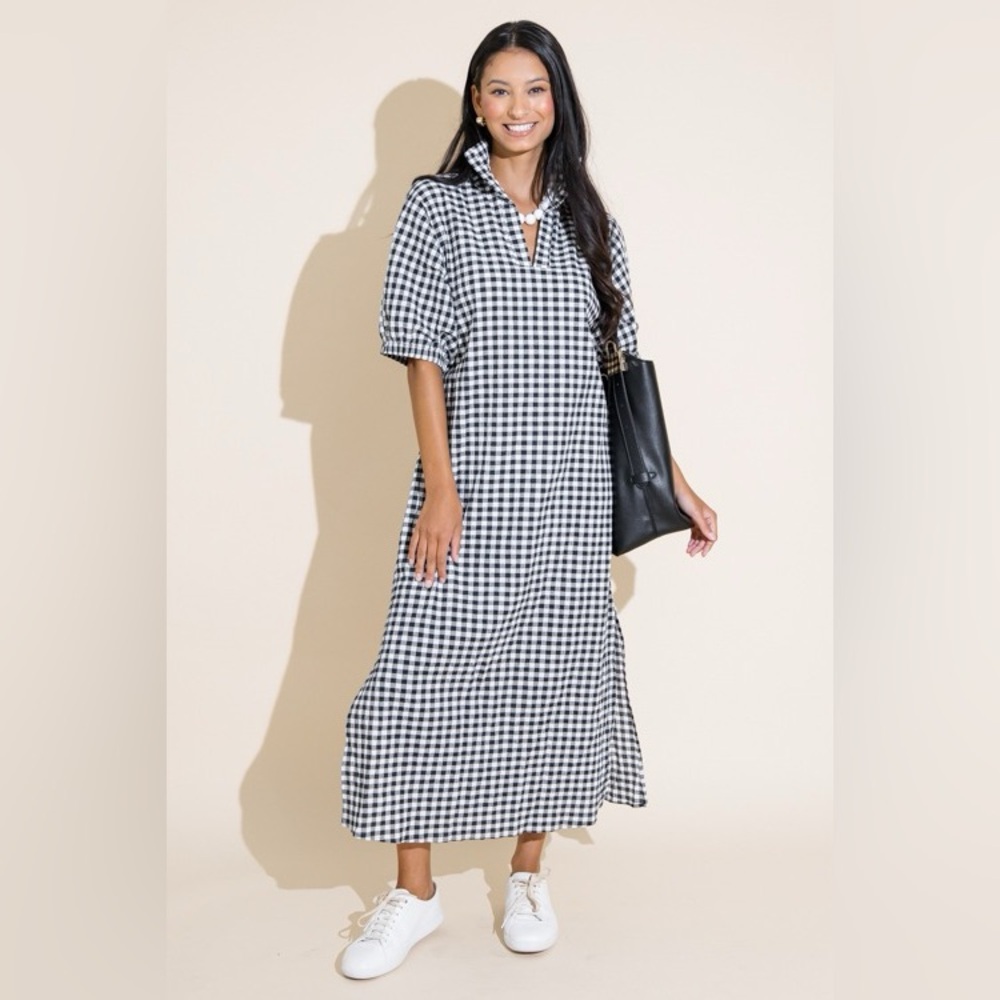NWT Adrienne Black & White Gingham Midi Dress with Side Slits